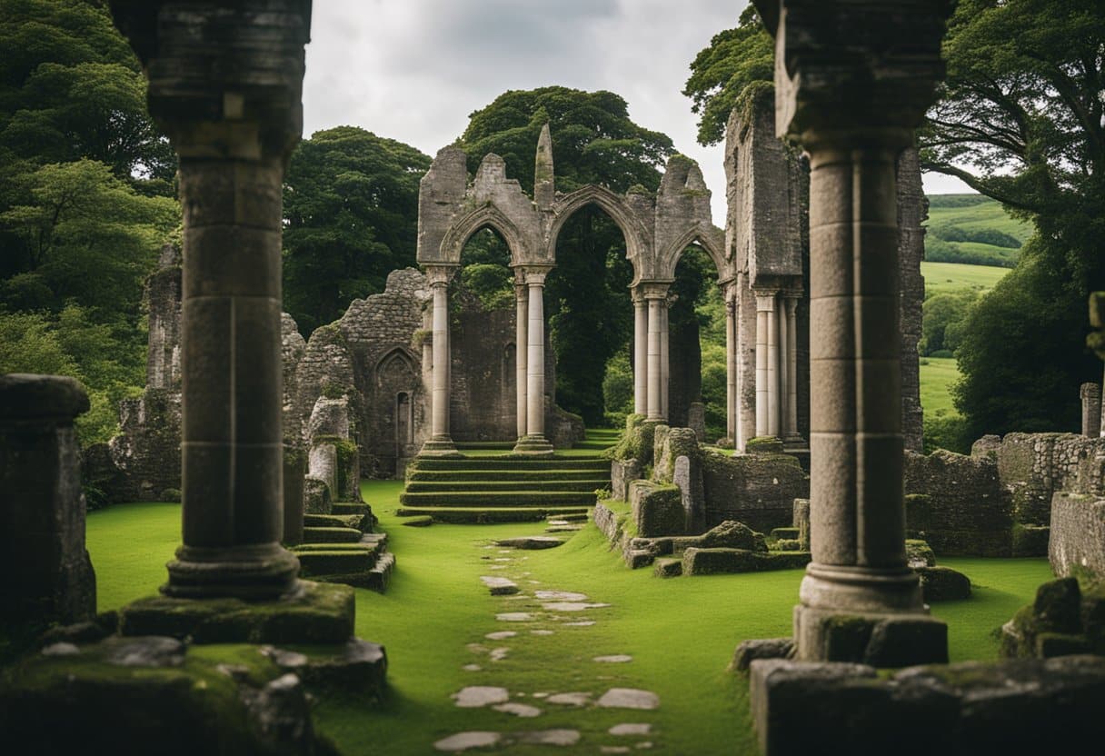 Ancient monastic ruins stand tall amidst lush greenery, with intricate stone carvings and towering spires. The whispers of the monks linger in the air, as the architectural marvels of Ireland's ancient sites come to life