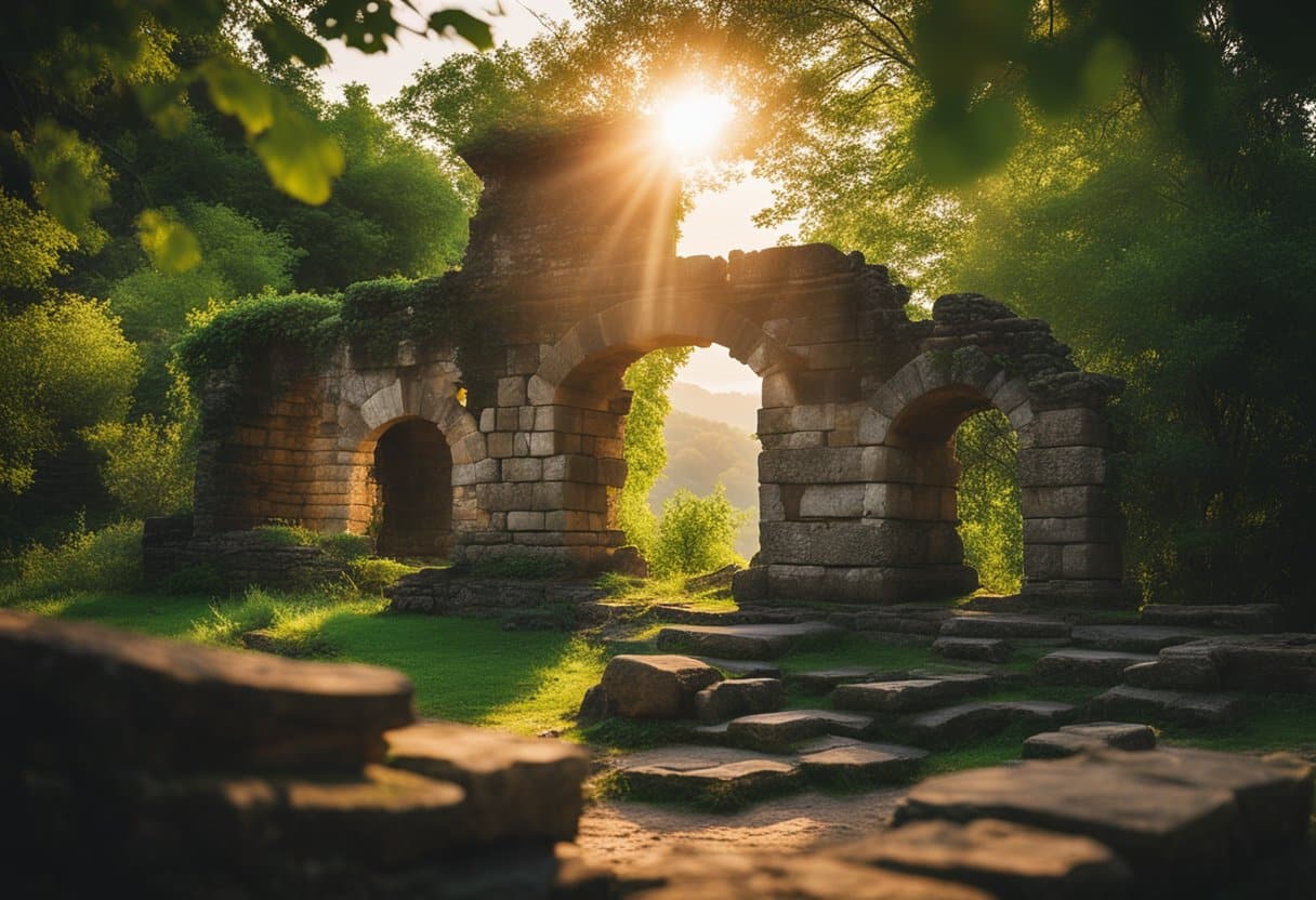 The sun sets behind the ancient stone ruins, casting a warm glow over the lush green landscape. Birds chirp and a gentle breeze rustles the leaves, creating a serene atmosphere of tranquility and connection with nature