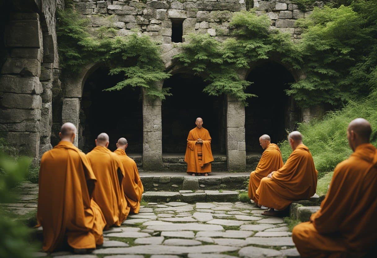 Monks gather in prayer at an ancient Irish monastery, surrounded by stone ruins and lush greenery. The peaceful atmosphere and sense of history are palpable