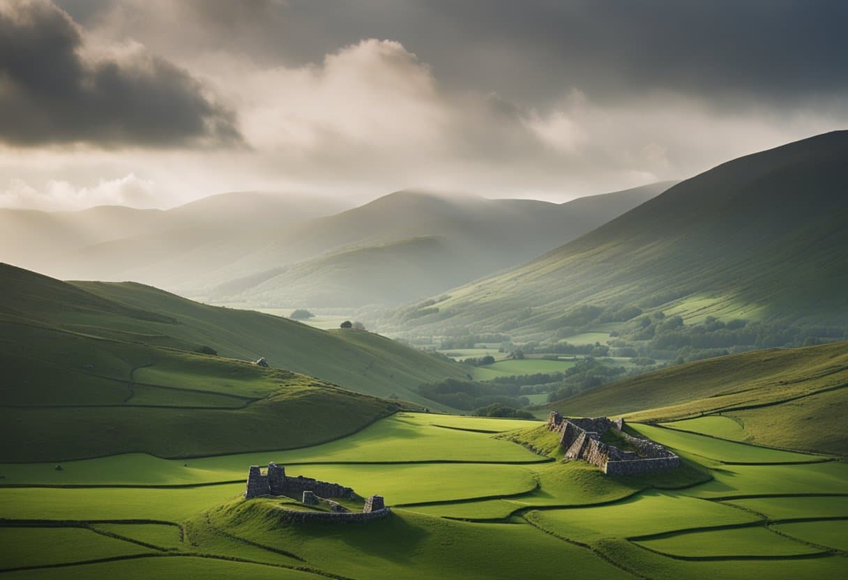 The misty peaks of Irish mountains loom over rolling green hills, with ancient stone ruins scattered among the rugged terrain