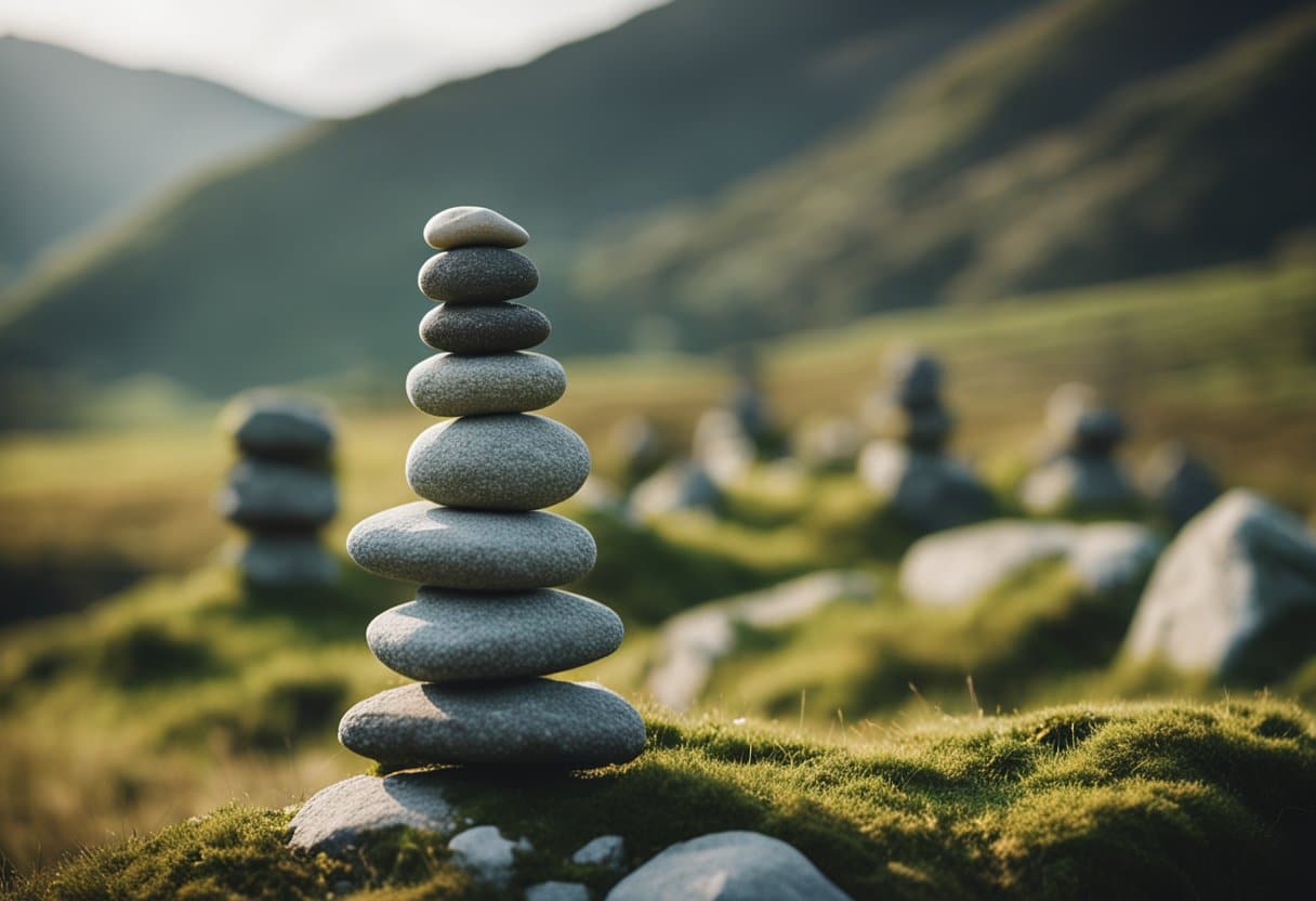 A serene Irish landscape with balanced stone stacks, evoking a sense of harmony and ancient tradition