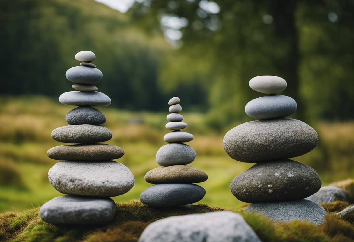 A serene Irish landscape with carefully balanced stone stacks, blending into the natural surroundings