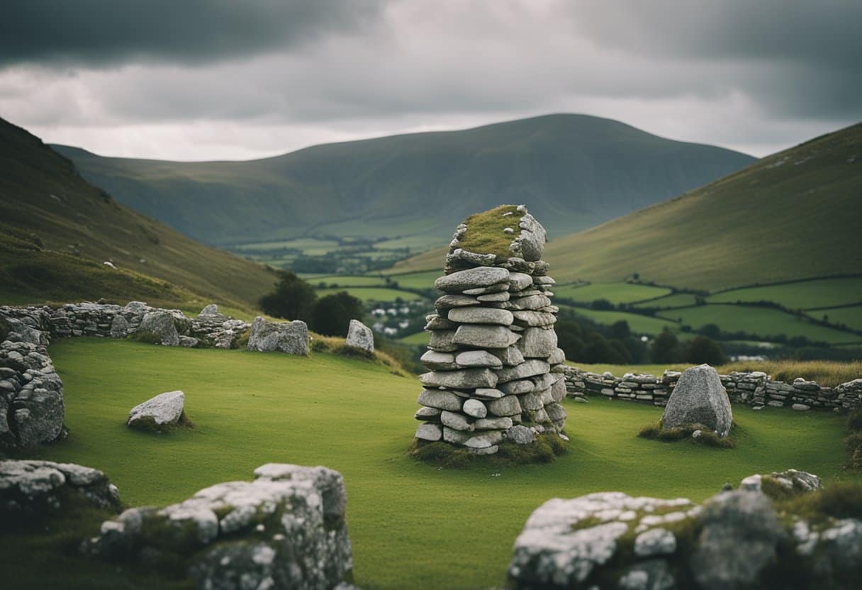 A serene Irish landscape with ancient stone structures balanced in harmony, symbolizing cultural revival and modern ceremonies