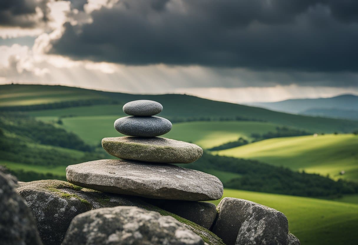 A stack of weathered stones, carefully balanced, stands against a backdrop of rolling green hills and a dramatic, cloudy sky
