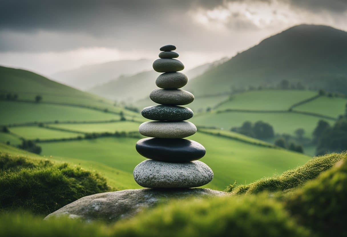 A circle of stacked stones, towering against a backdrop of green hills and a misty sky, symbolizing the ancient art of Irish stone stacking and its significance in Irish mythology