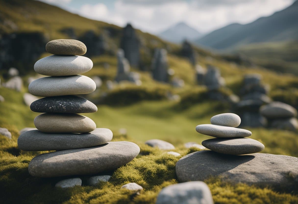 A serene landscape with ancient Irish stone stacks, symbolizing cultural and religious shifts. The stones are carefully balanced and arranged in a harmonious and meaningful way