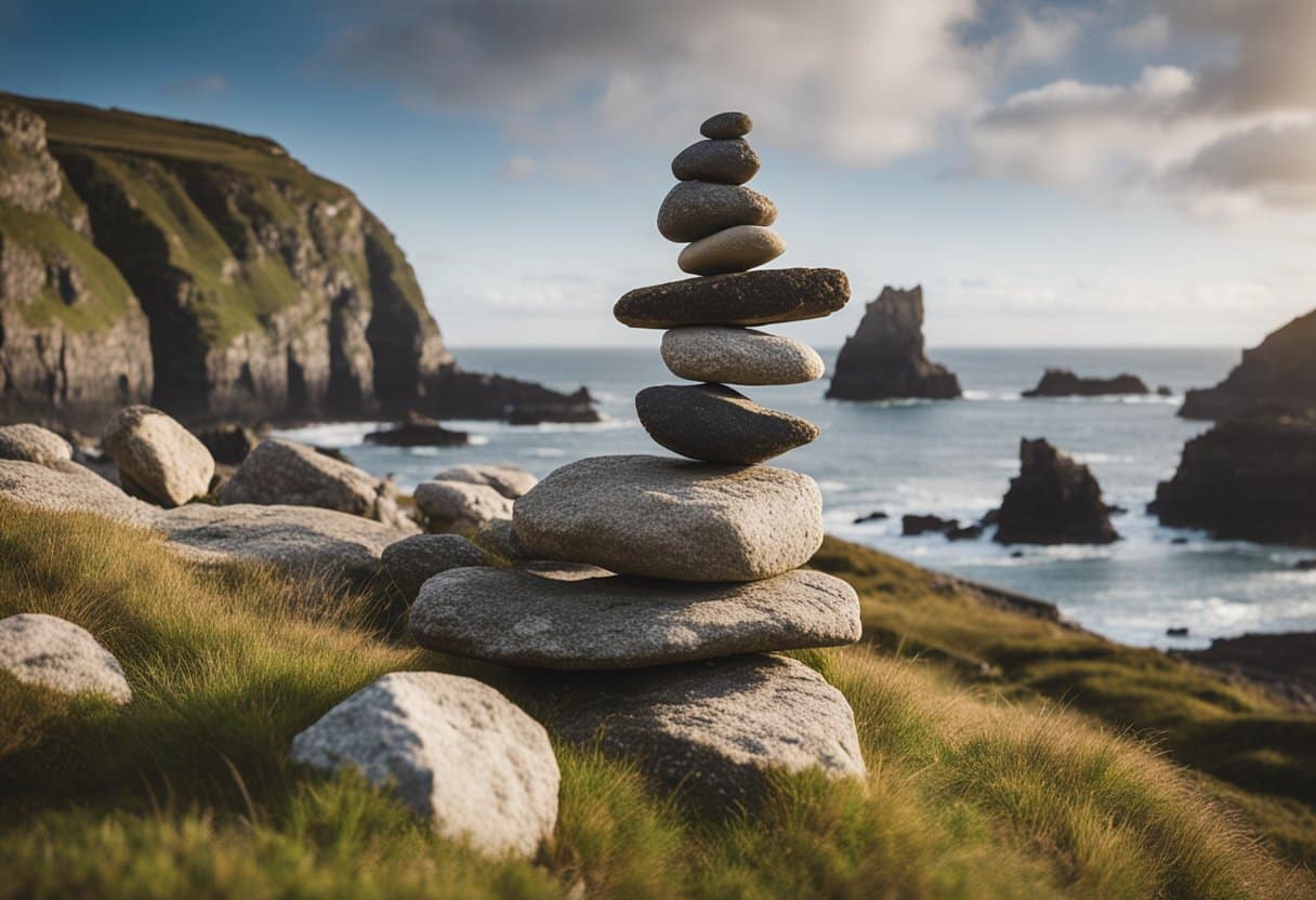 A rugged coastline with ancient stone stacks balancing on top of each other, symbolizing the delicate balance between preservation and erosion in Irish culture