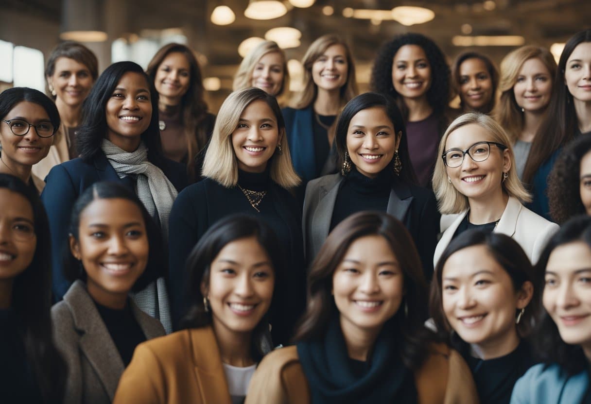 A diverse group of women from different cultures and backgrounds gather to discuss and advocate for global feminist legislation and institutional change