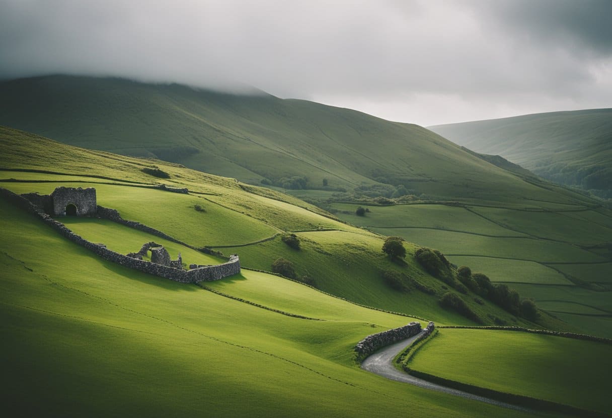 Rolling green hills, misty mountains, and ancient ruins dotting the landscape of Ireland, shrouded in folklore and mystery