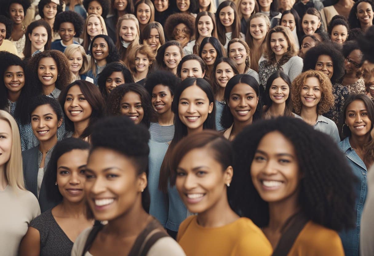 A diverse group of women from different cultures and backgrounds coming together to share their experiences and perspectives on global feminism