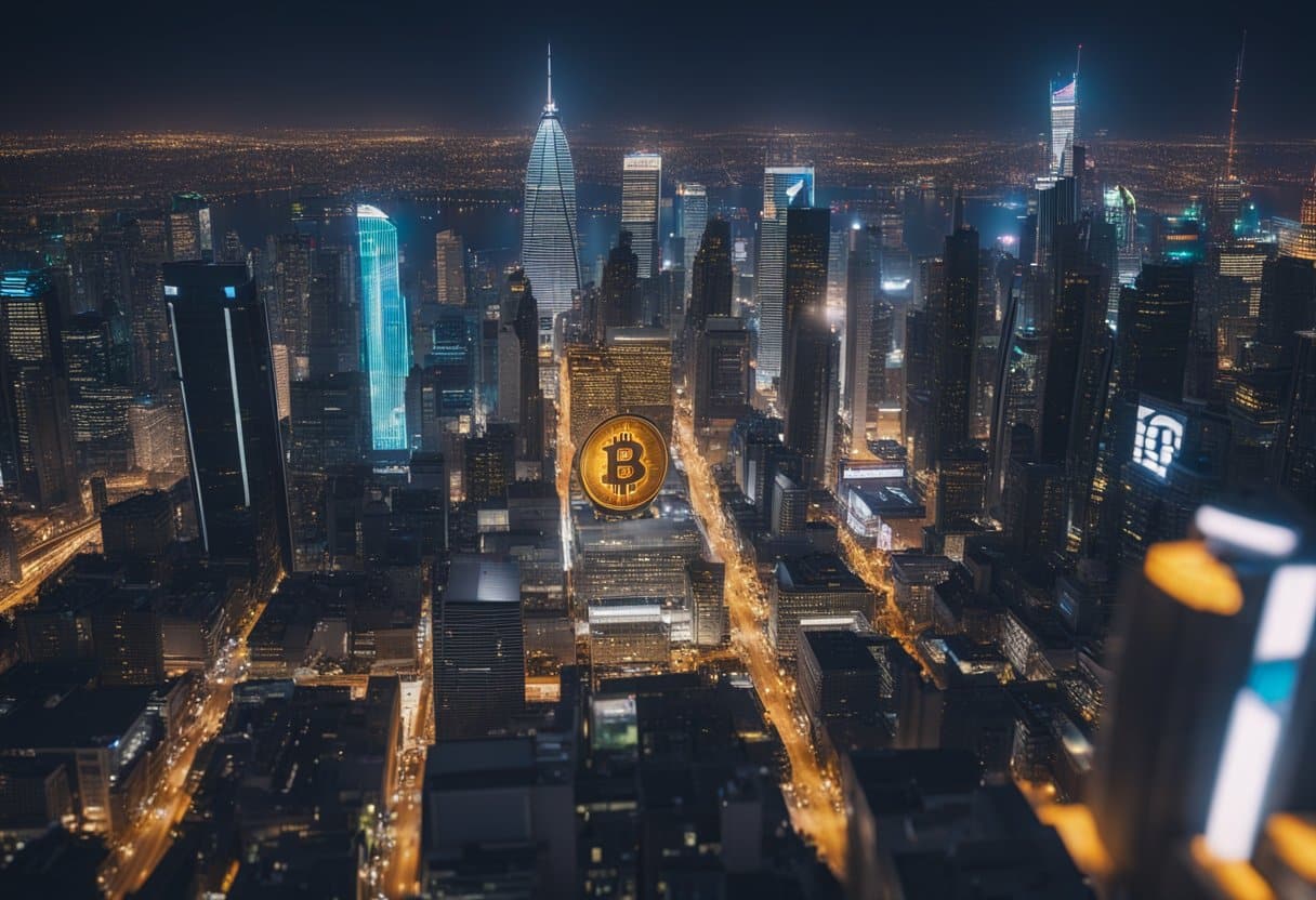 Cryptocurrency Cities - A bustling city skyline with neon signs of Bitcoin, Ethereum, and other digital currencies glowing atop skyscrapers. People are seen using cryptocurrency for everyday transactions in shops and cafes