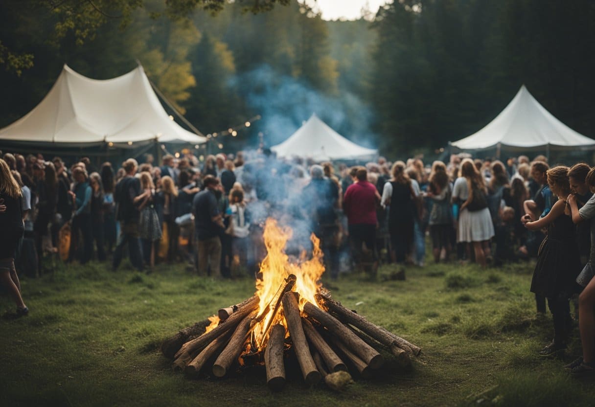 Celtic festival origins: bonfires, harvest offerings, and music in a lush, forested setting