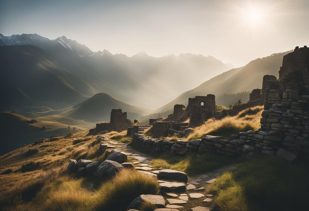 Sunlight filters through misty peaks, revealing ancient stone ruins and winding paths. A sense of mystery and magic permeates the rugged landscape
