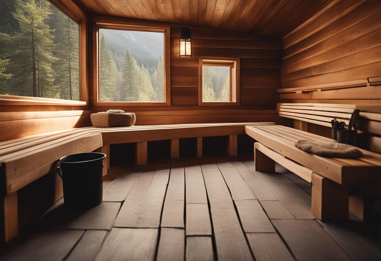 Finnish Sauna - A traditional Finnish sauna with wooden benches, hot stones, and a bucket of water for steam. A cozy, dimly lit space with a simple, rustic feel
