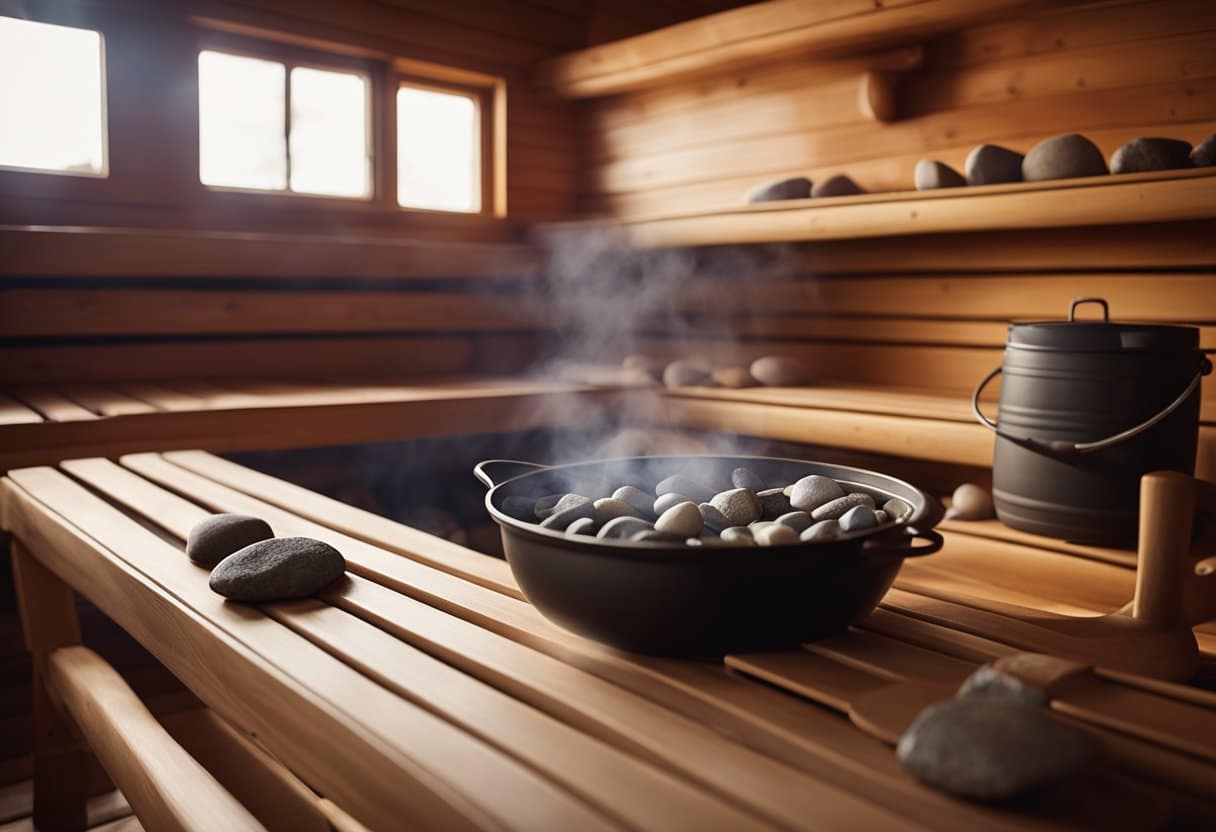 Finnish Sauna - A wooden sauna room with benches, a stove, and rocks. Steam rises from the hot stones, creating a warm and humid atmosphere. A bucket and ladle sit nearby for pouring water over the rocks