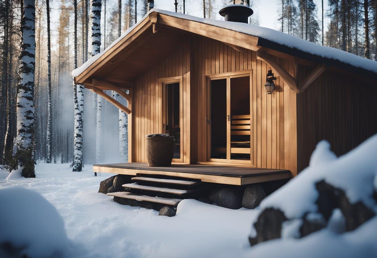 Finnish Sauna - A traditional Finnish sauna stands in a wooden cabin, surrounded by snowy birch trees. Smoke billows from the chimney as steam rises from the hot stones inside
