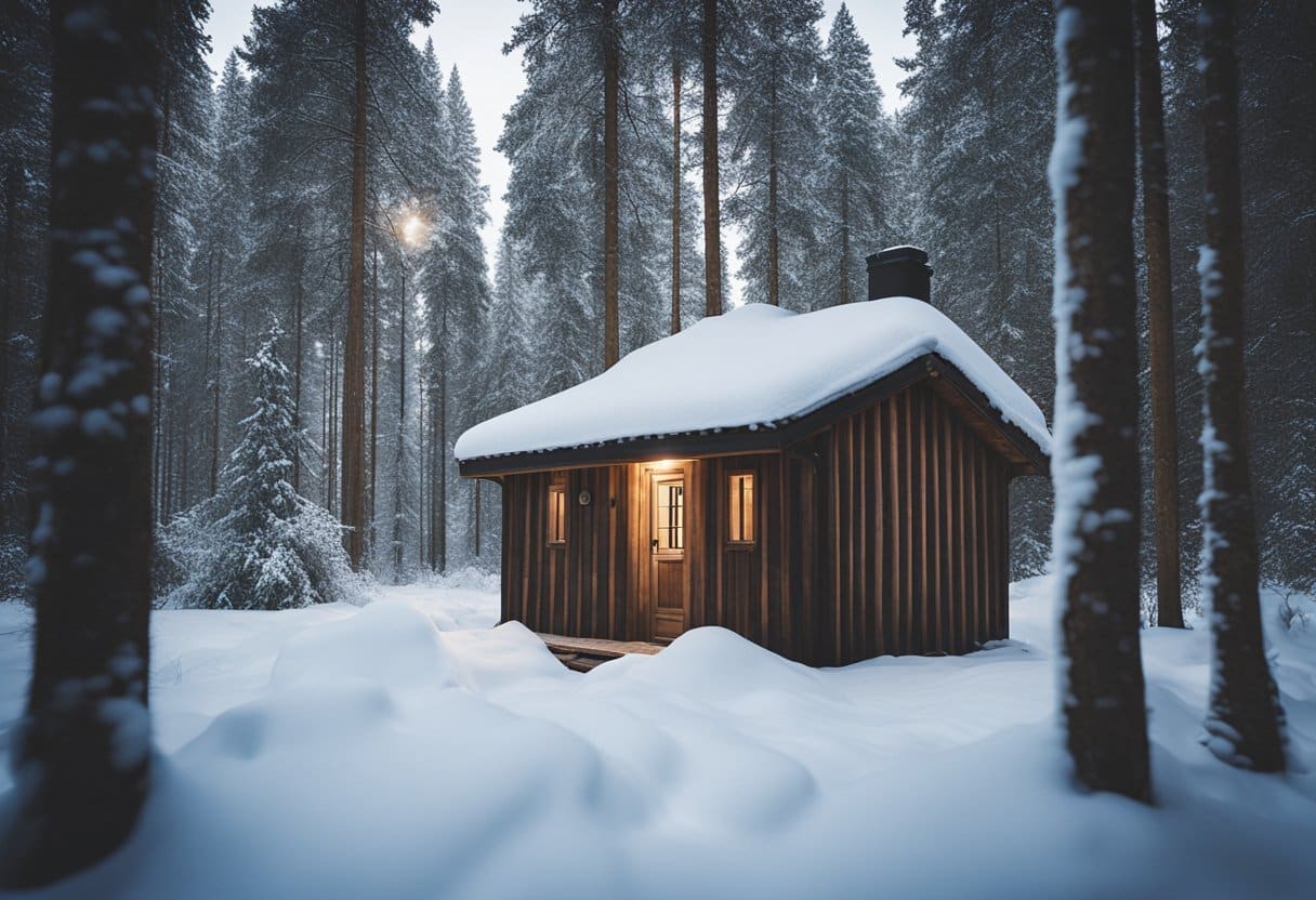 Finnish Sauna - A rustic wooden sauna nestled in a serene Finnish forest, surrounded by snow-covered trees, with a plume of steam rising from the chimney