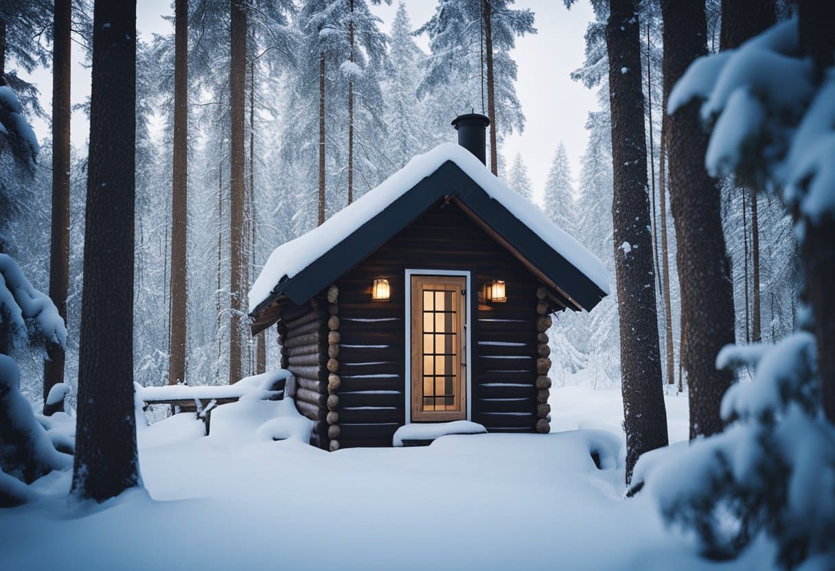 Finnish Sauna - A rustic wooden sauna sits nestled in a tranquil Finnish forest, steam rising from its chimney, surrounded by snow-covered trees
