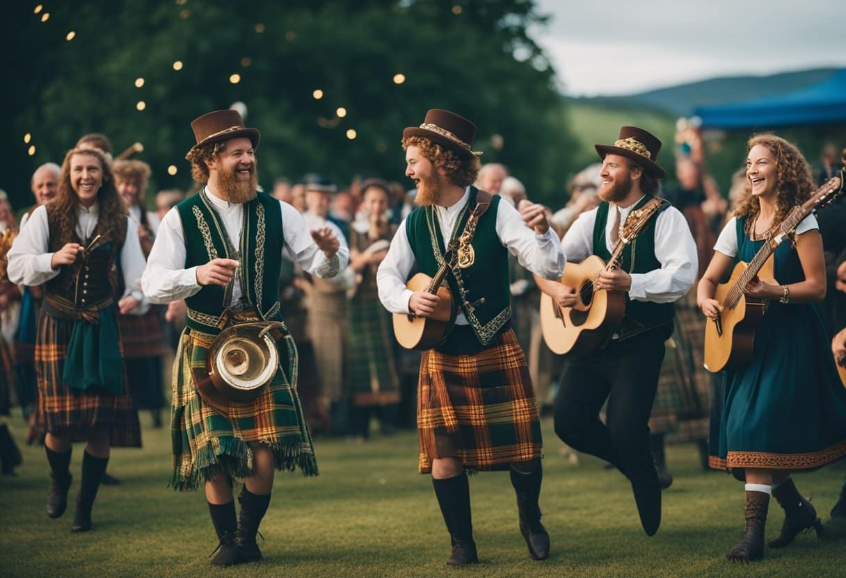 A vibrant Celtic festival with people dancing around a bonfire, adorned in traditional clothing, while musicians play lively tunes. The scene is filled with laughter and celebration, capturing the rich cultural impact across Europe