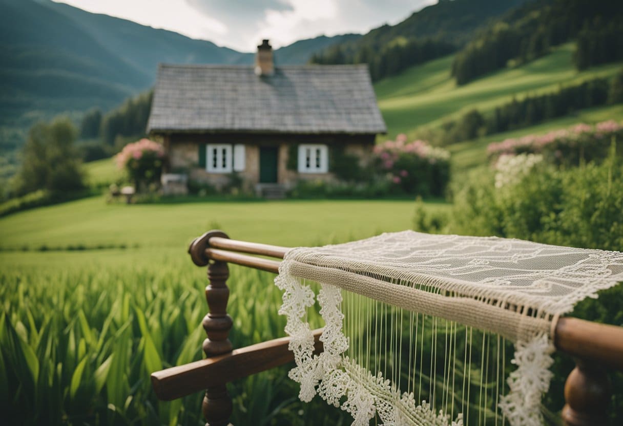 A cozy cottage with a lace-making loom, delicate threads, and intricate patterns, surrounded by lush green fields and rolling hills