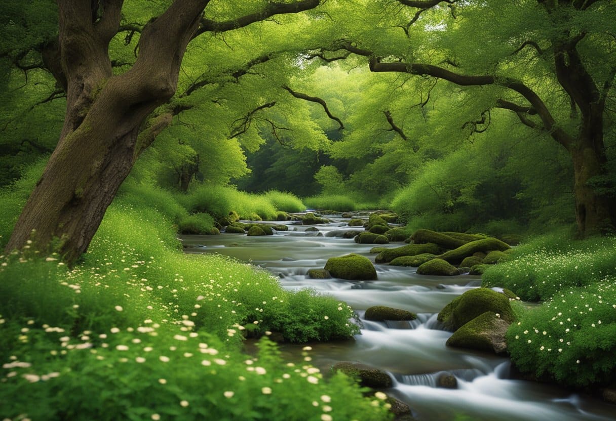 A lush green landscape with a flowing river, towering oak trees, and vibrant wildflowers, representing the natural elements that were revered in Celtic festivals
