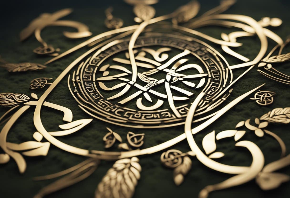 Seanfhocail - A Celtic knot intertwined with the words "Seanfhocail for Life" in ancient Ogham script, surrounded by symbols of nature and wisdom