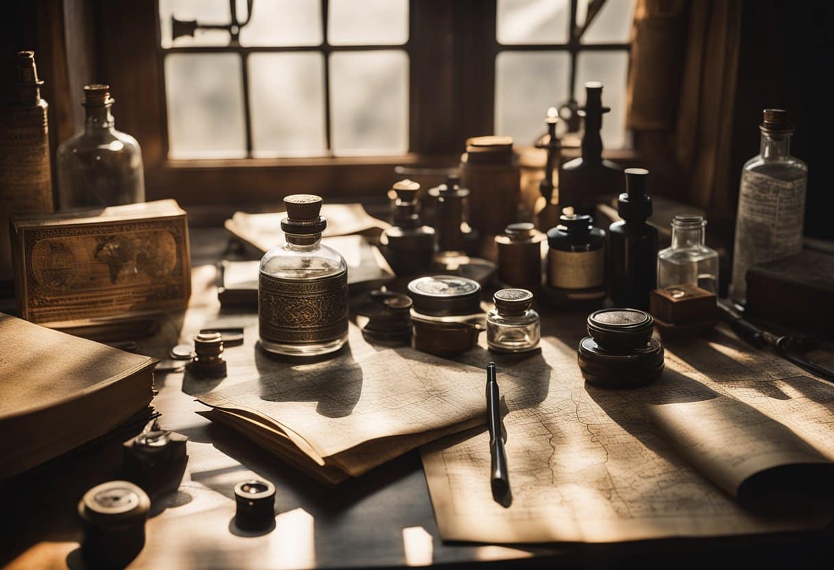 A cluttered desk with old maps, compasses, and ink bottles. Sunlight streams through a dusty window, casting shadows on the intricate illustrations