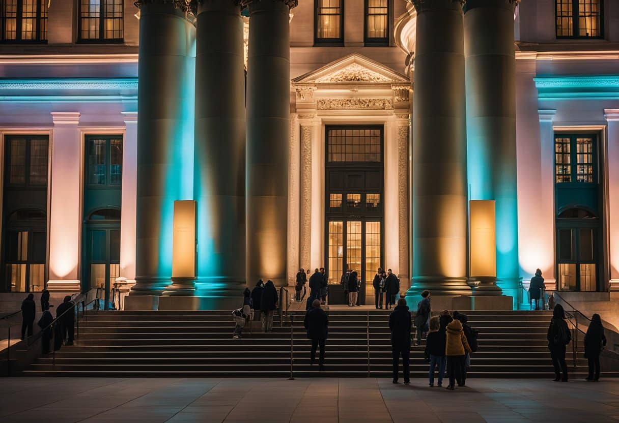 Night at the Museum: Exclusive After-Hours Museum Tours Around the World Unveiled
The museum's grand entrance is lit up with colorful spotlights, casting a warm glow on the historic building. A line of visitors eagerly waits to enter, while a guide stands at the entrance, ready to lead them on an exclusive after-hours tour