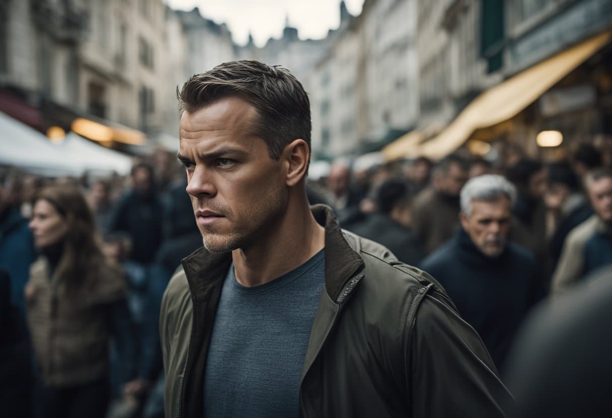 Jason Bourne sprints through a crowded European market, dodging pursuers and blending in with the bustling crowd. His determined gaze and tense body language reveal his urgent need to escape