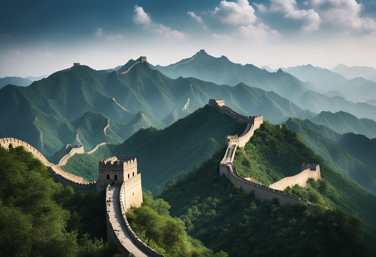 The Great Wall of China - The Great Wall winds through rugged mountains, disappearing into the mist. Towers stand sentinel, overlooking the vast landscape