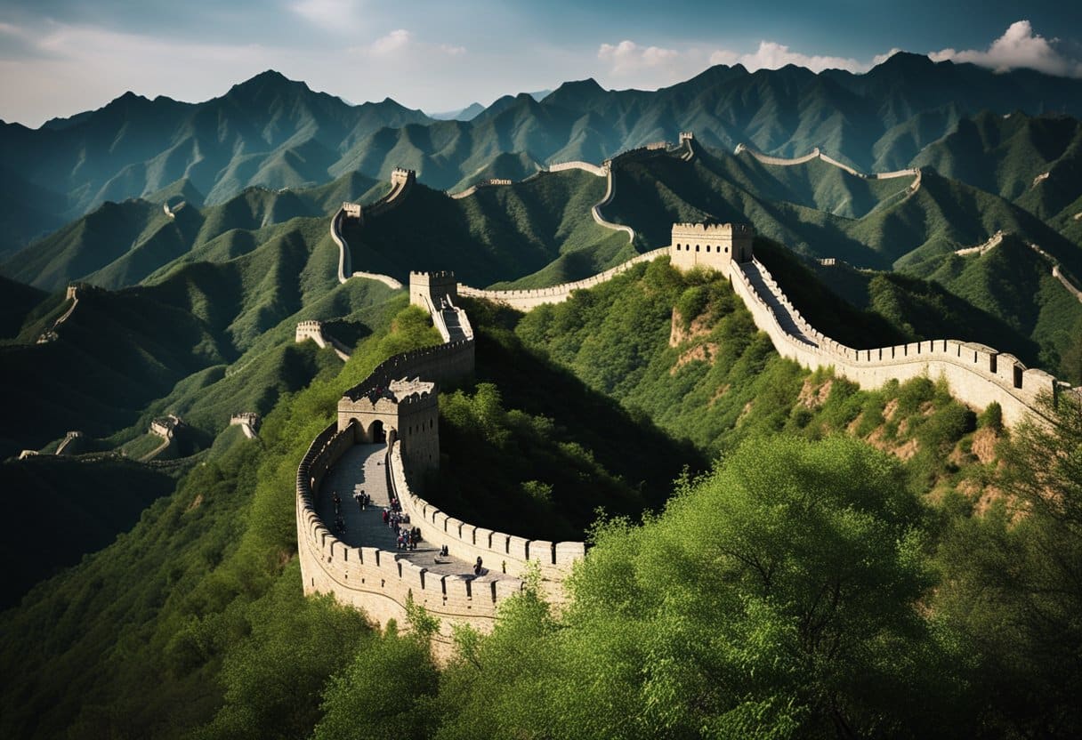 The Great Wall of China - The Great Wall winds through rugged mountains, stretching into the distance. Towers and battlements dot the ancient structure, standing against the backdrop of a vast and dramatic landscape