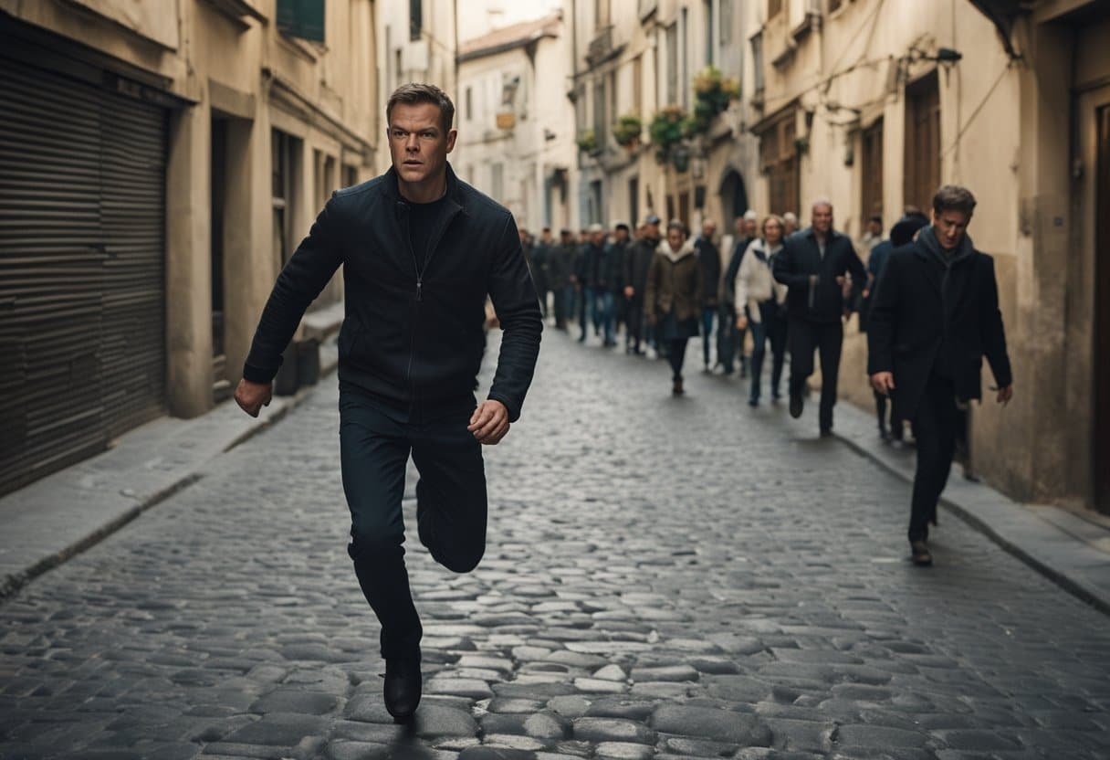 Jason Bourne races through narrow European streets, evading capture. He leaps over cobblestone alleys and darts through bustling marketplaces