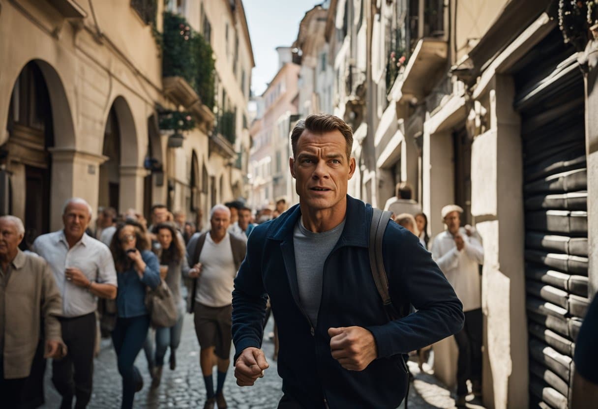 Bourne flees through narrow European streets, pursued by Treadstone and the CIA. He dodges through bustling markets and narrow alleys, blending into the crowd