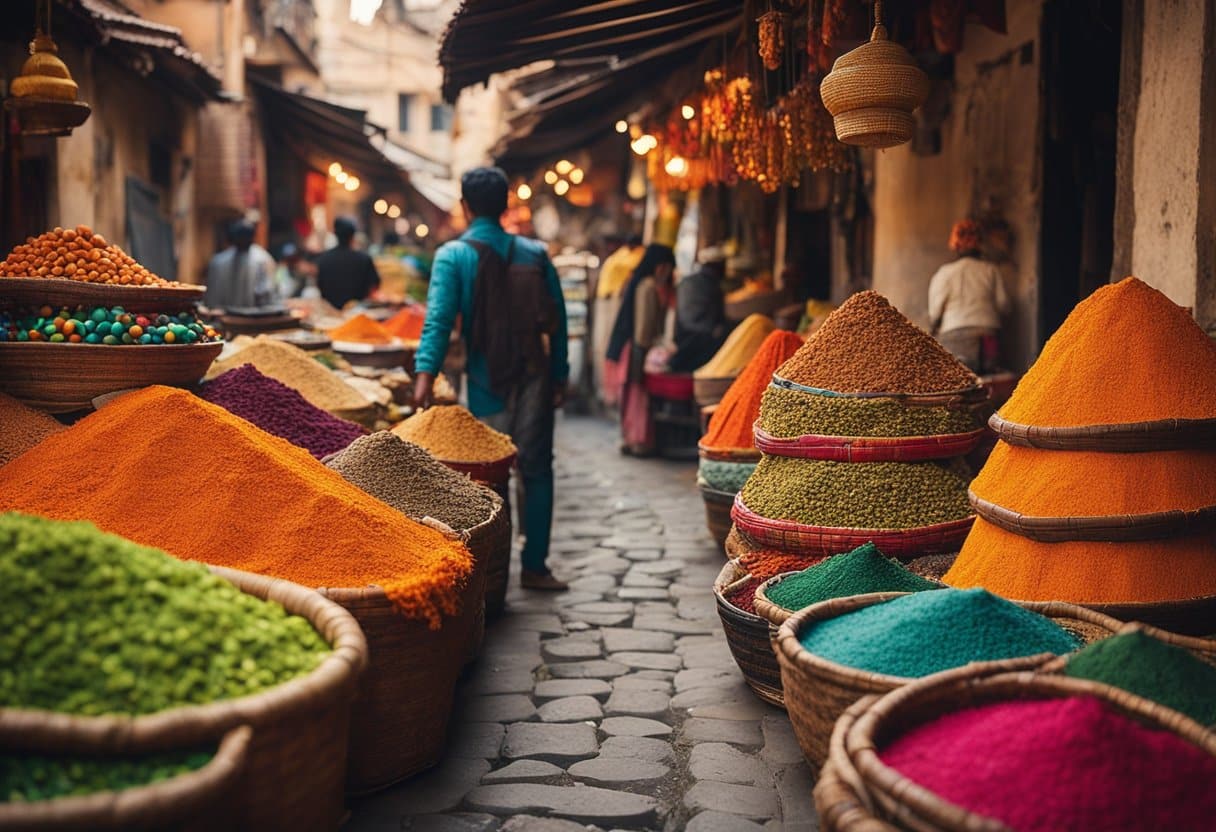 Middle Eastern Souks - Colorful stalls line narrow cobblestone streets, filled with vibrant textiles, spices, and handmade crafts. The air is alive with the sounds of bargaining and the rich scents of exotic spices and incense