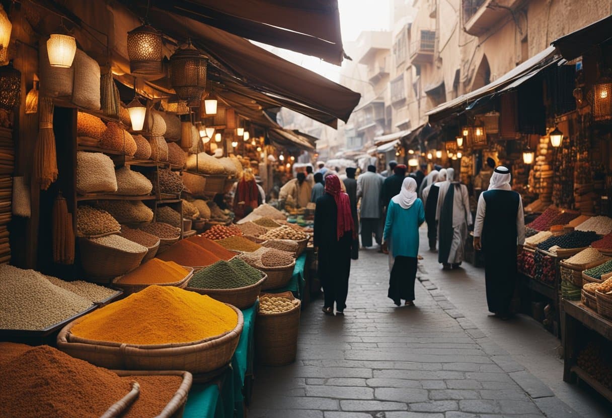Middle Eastern Souks - A bustling Middle Eastern souk, filled with vibrant colors, exotic scents, and the sounds of merchants haggling. The narrow, winding alleys are lined with stalls selling spices, textiles, and handmade crafts, while the air is filled with
