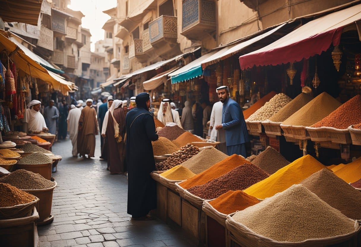 Middle Eastern Souks - Vibrant Middle Eastern souk with colorful stalls, bustling crowds, and intricate architecture. Spices, textiles, and handicrafts line the narrow alleyways, creating a lively and sensory-rich atmosphere