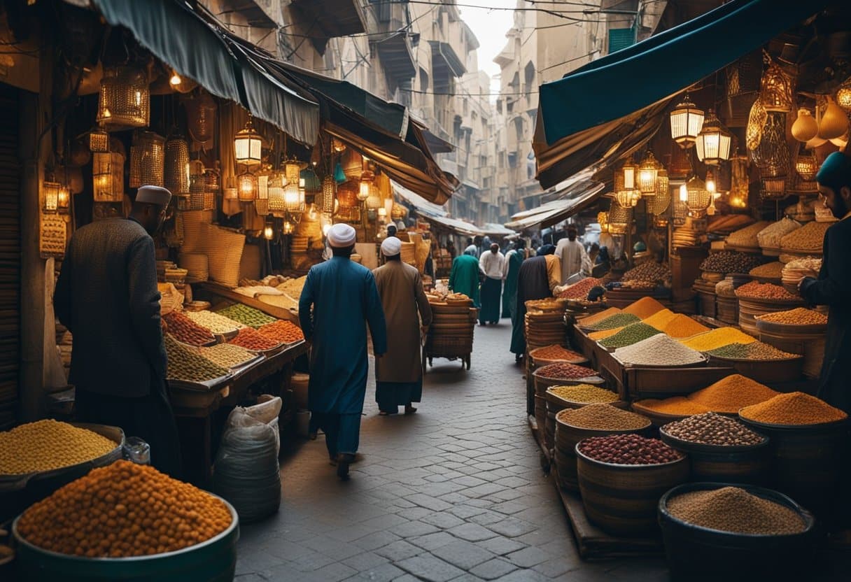 Middle Eastern Souks - A bustling Middle Eastern souk, with colorful stalls and narrow alleyways, bustling with merchants and shoppers. The air is filled with the aroma of spices and the sound of bargaining and laughter