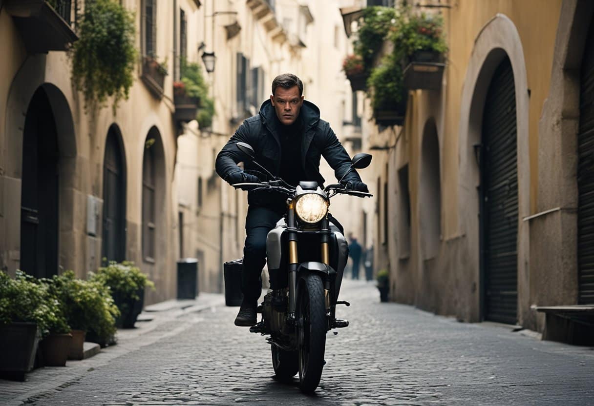 Jason Bourne flees through narrow European streets, dodging pursuing agents. The cityscape is a mix of old and modern architecture, with cobblestone alleys and bustling market squares