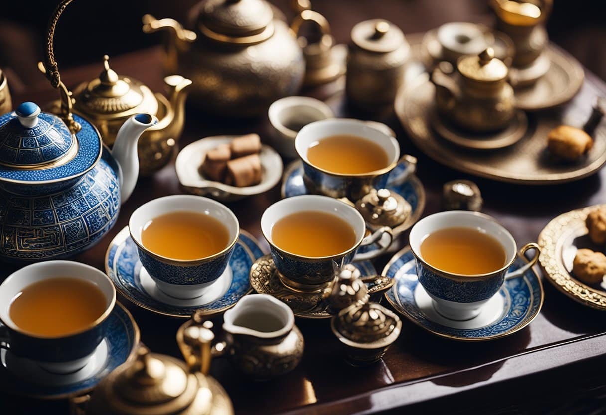 The Art of Tea - A table set with tea pots, cups, and traditional tea accessories from various cultures, surrounded by decorative elements reflecting Chinese and Moroccan influences