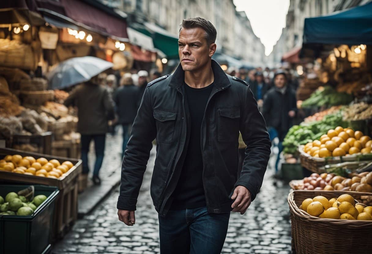 Jason Bourne races through a bustling European market, blending in with the crowd as he evades his pursuers. The vibrant colors and diverse faces capture the cultural influence of the setting