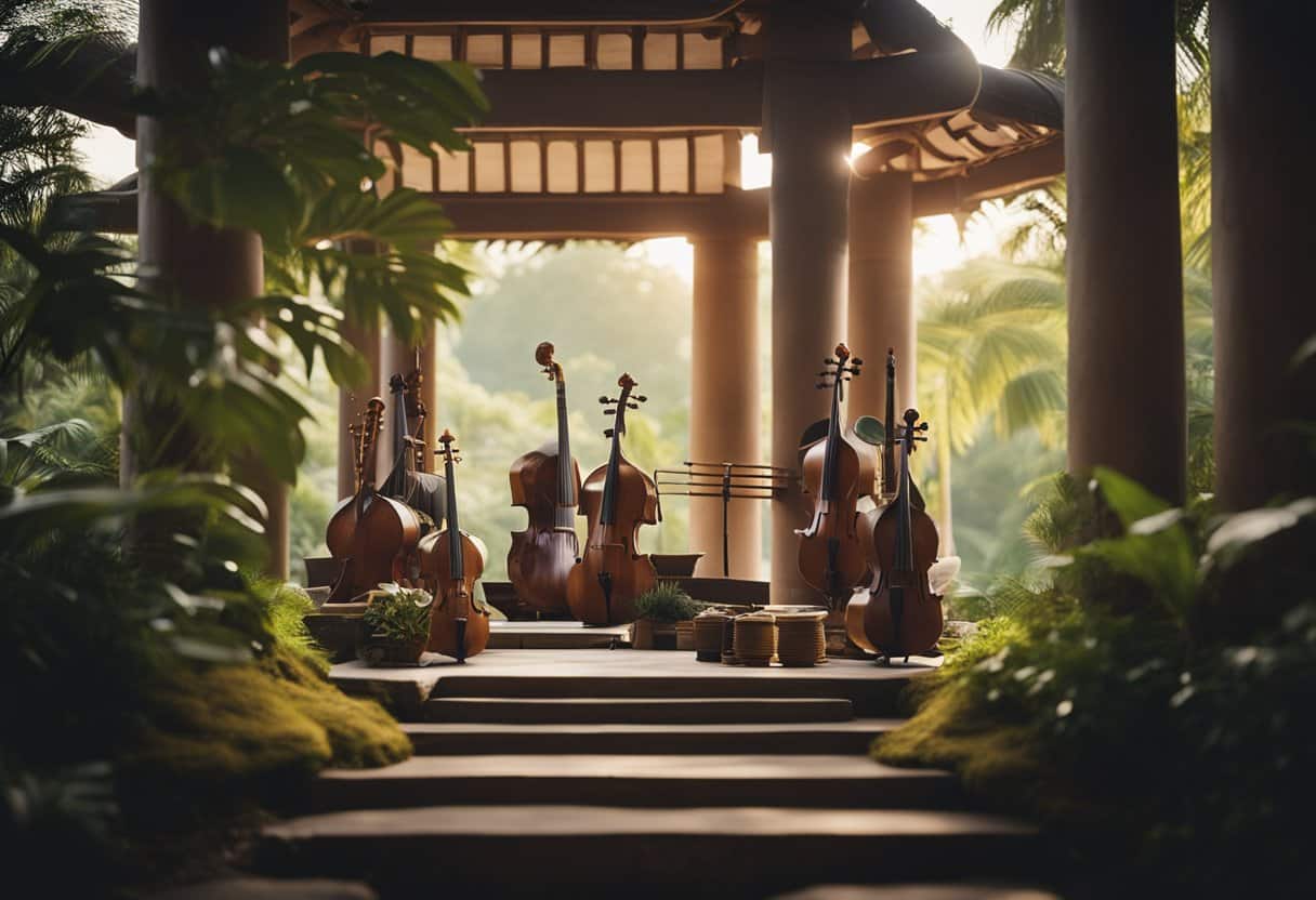 A serene, ancient temple with traditional instruments and modern music therapy tools. Surrounding nature and soft lighting create a peaceful ambiance for healing through music