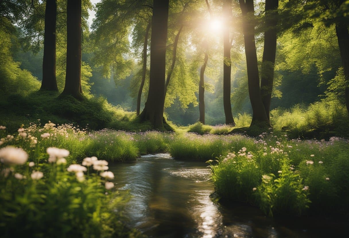 A serene forest with a flowing river, surrounded by ancient trees and vibrant flowers, as the sound of traditional melodies fills the air, bringing a sense of peace and healing to the surroundings