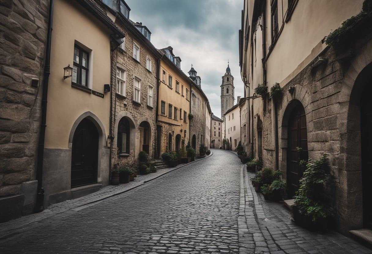 A narrow cobblestone alleyway winds through a bustling European city, with ancient stone buildings towering above. The sky is overcast, adding to the sense of urgency and mystery