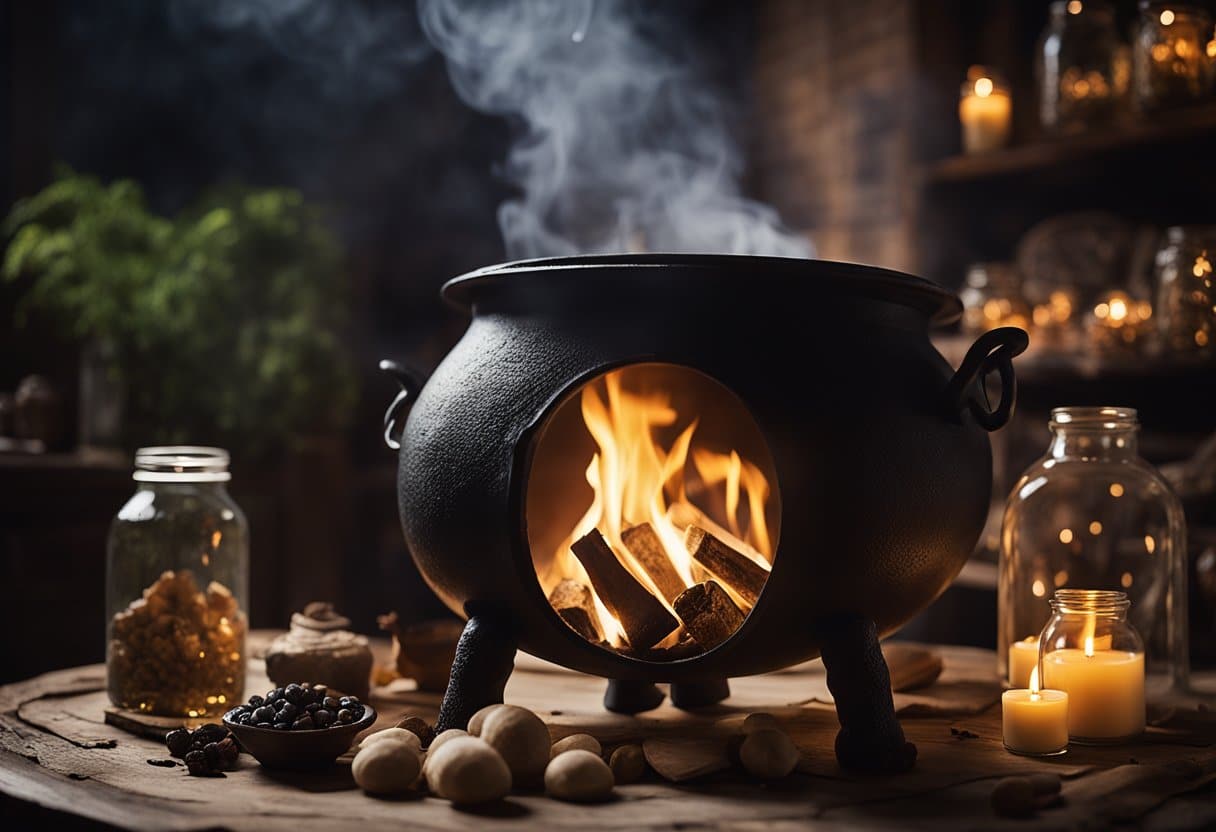 Witchcraft and wizardry - A cauldron bubbles over a crackling fire, surrounded by jars of mysterious ingredients and ancient spell books. A crescent moon illuminates the scene, casting eerie shadows on the walls of the dimly lit room