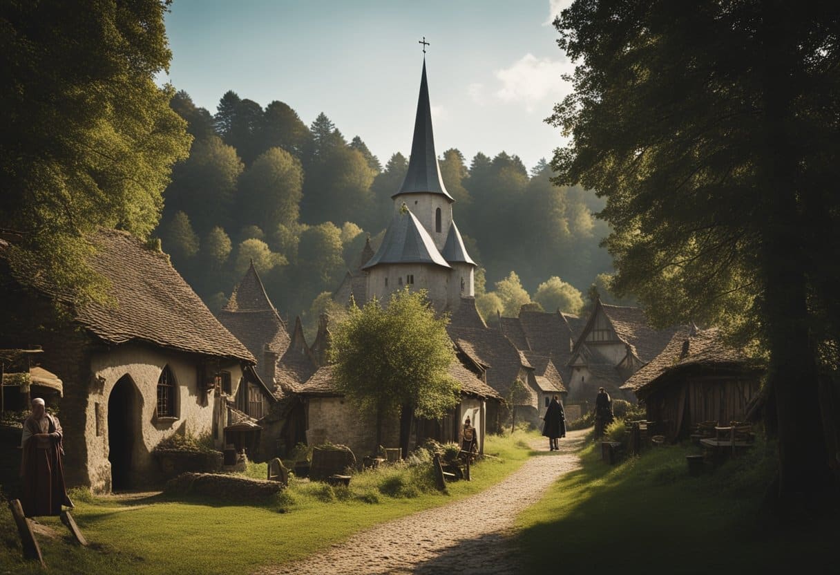 Witchcraft and wizardry - A medieval village with a looming church and a mysterious forest, where locals gather for rituals and potions, illustrating the influence of religion on witchcraft perceptions