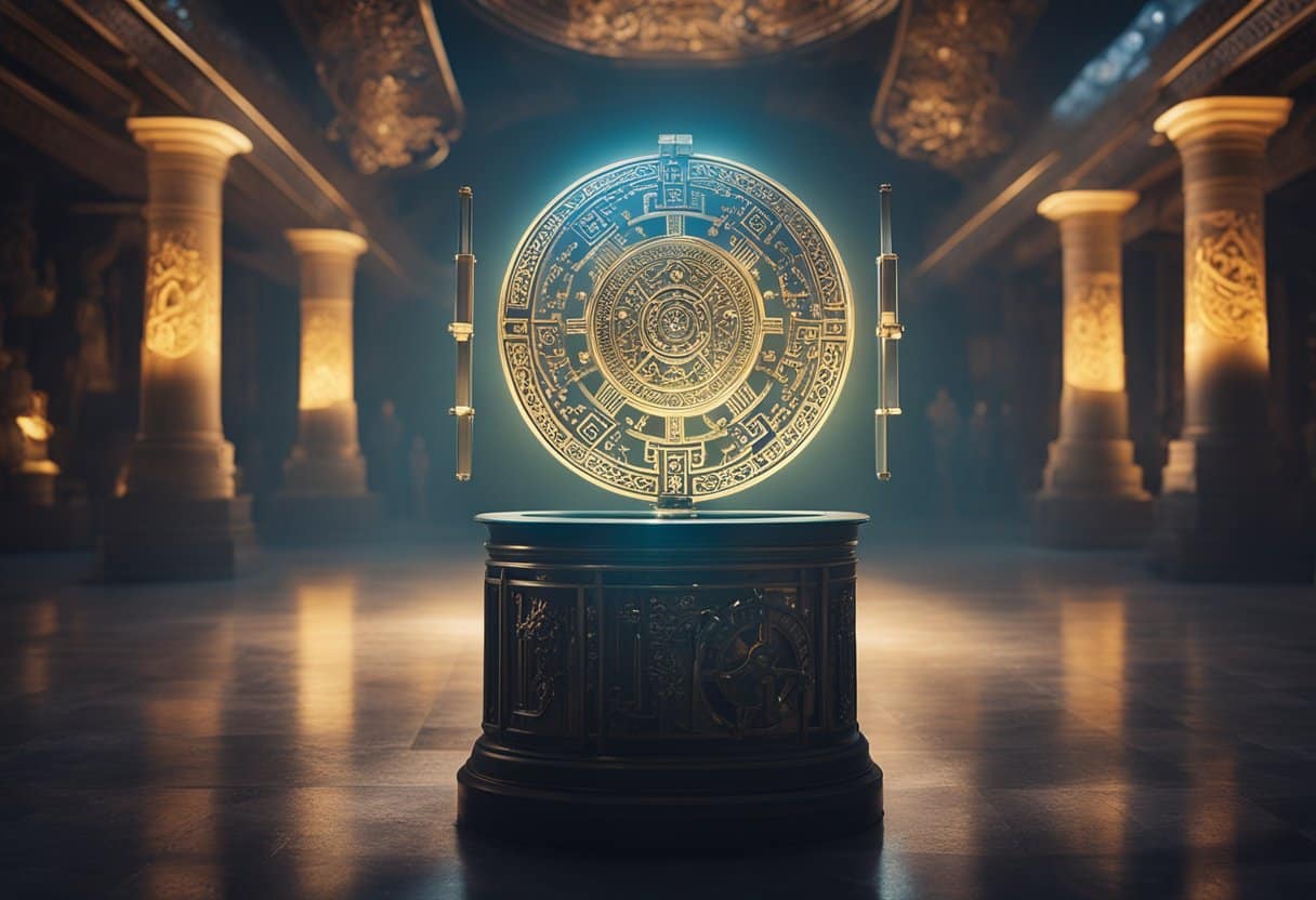 World Mythology - A glowing, ancient artifact sits atop a pedestal, surrounded by swirling symbols from various mythologies. The artifact emits a powerful, otherworldly energy, drawing the attention of onlookers