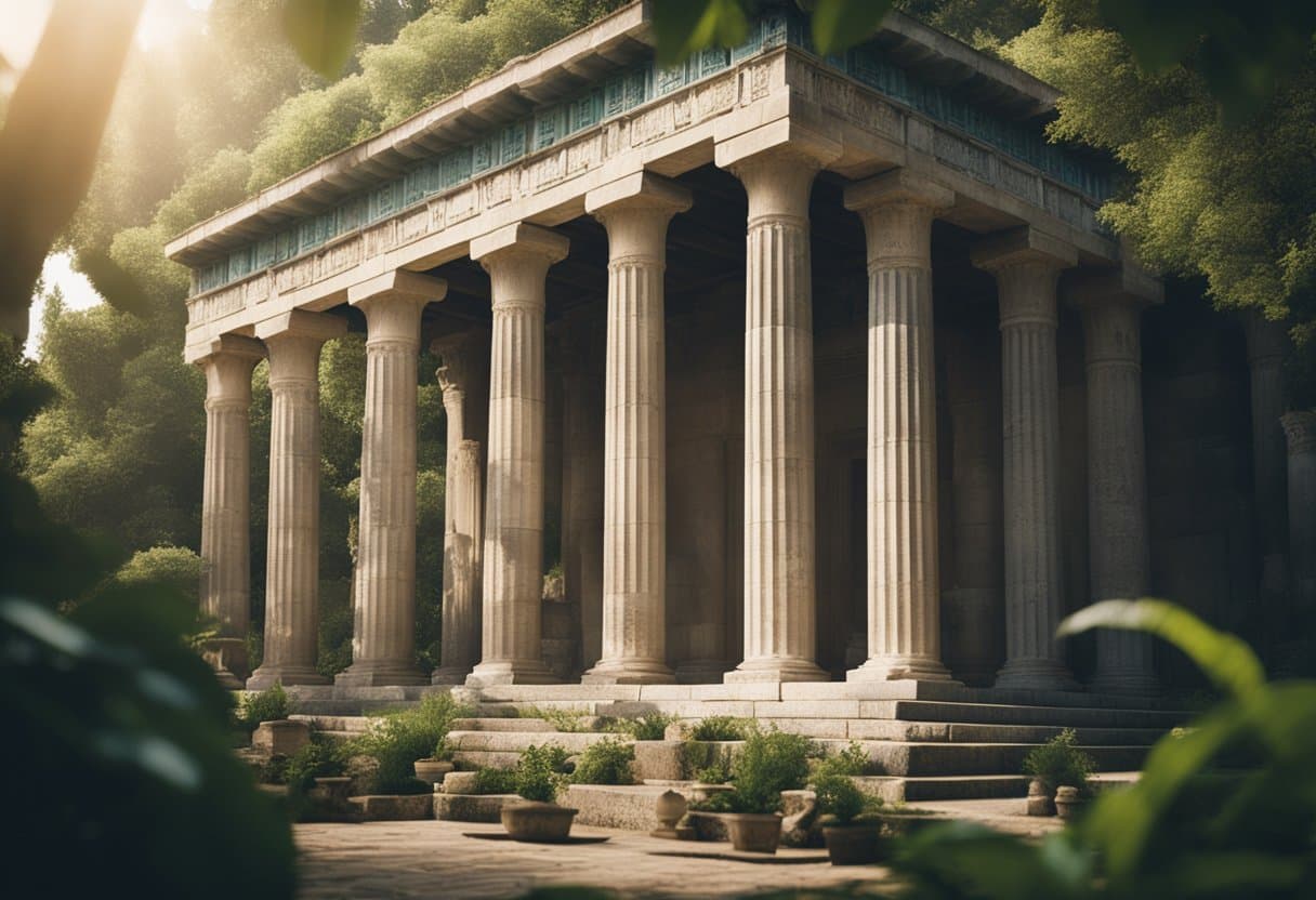 World Mythology - A grand temple of Greek gods, with towering columns and intricate carvings, surrounded by lush greenery and mystical creatures