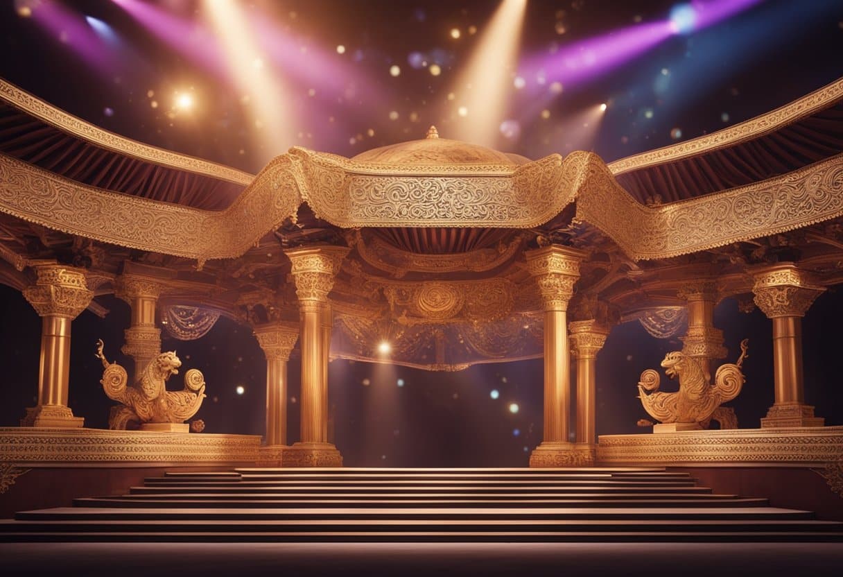 World Mythology - A grand stage with swirling colors and intricate patterns, representing various mythological stories from around the world. The scene is alive with energy and emotion, capturing the essence of ancient tales