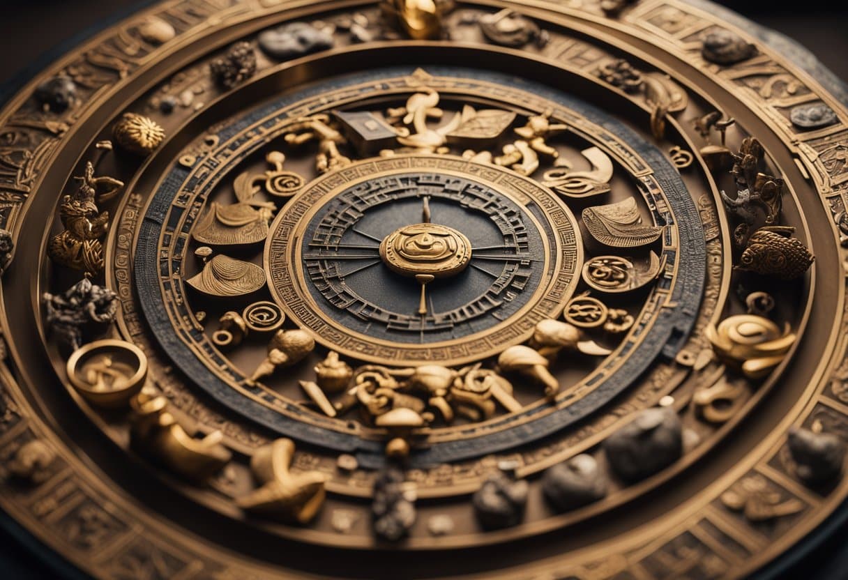 World Mythology - A diverse array of world mythological symbols and artifacts gathered in a circle, surrounded by ancient texts and scrolls