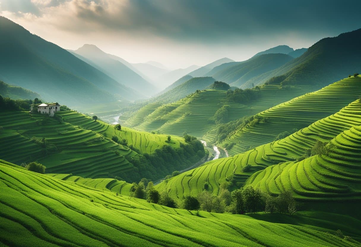 Emerald Isle - A lush, rolling landscape of vibrant green fields, dotted with ancient stone walls and bordered by misty mountains, with a winding river flowing through the center